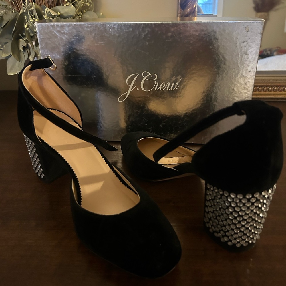 J. Crew Maise Black Velvet Heels with Silver Diamond studded Embellished Heels